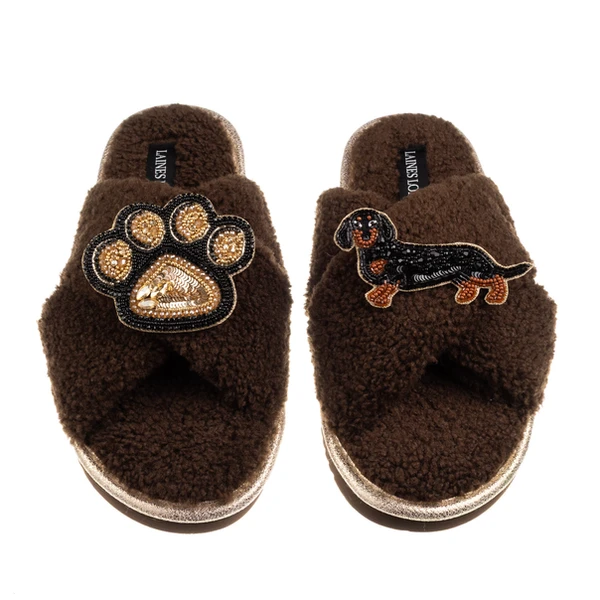Laines London Boucle Slippers With Paw & Black & Tan Dachshund Brooches