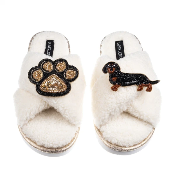 laines london Boucle Slippers With Paw & Black & Tan Dachshund Brooches