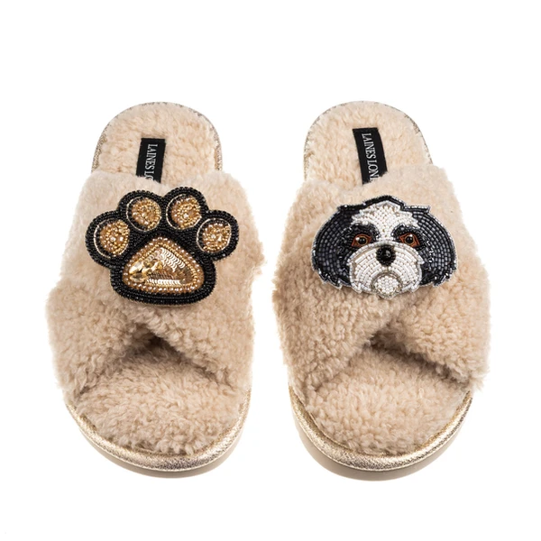 Laines London Boucle Slippers With Paw & Black & White Shih Tzu Brooches