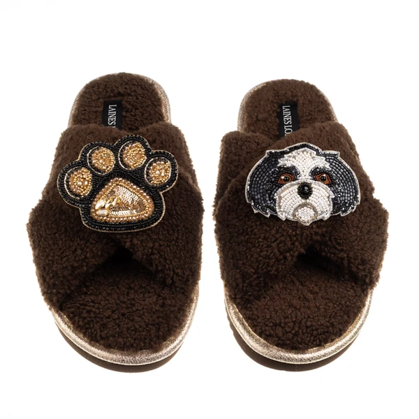 Laines London Boucle Slippers With Paw & Black & White Shih Tzu Brooches