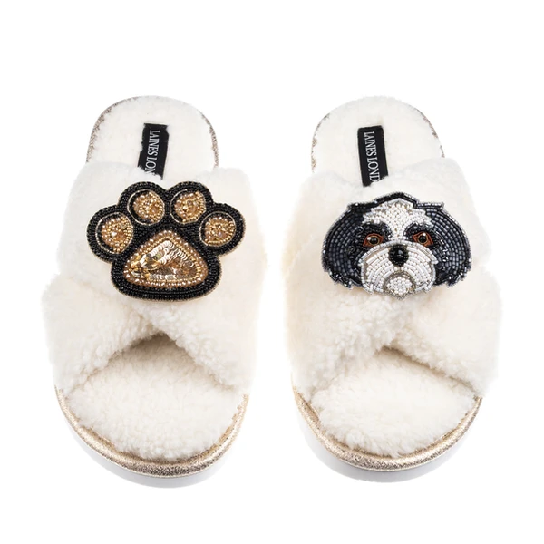 Laines London Boucle Slippers With Paw & Black & White Shih Tzu Brooches