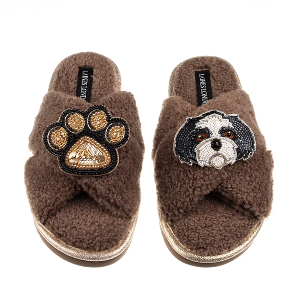 laines london Boucle Slippers With Paw & Black & White Shih Tzu Brooches