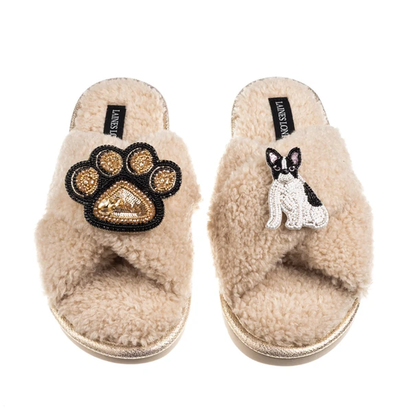 Laines London Boucle Slippers With Paw & Black & White Sitting French Bulldog Brooches
