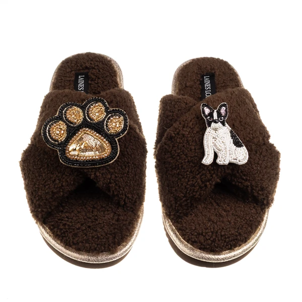 Laines London Boucle Slippers With Paw & Black & White Sitting French Bulldog Brooches