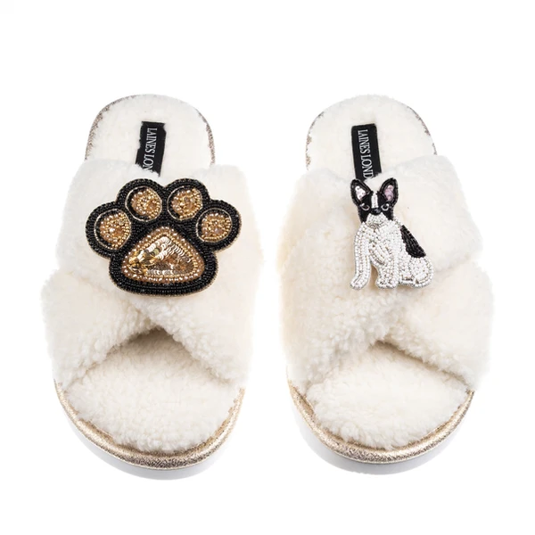 Laines London Boucle Slippers With Paw & Black & White Sitting French Bulldog Brooches