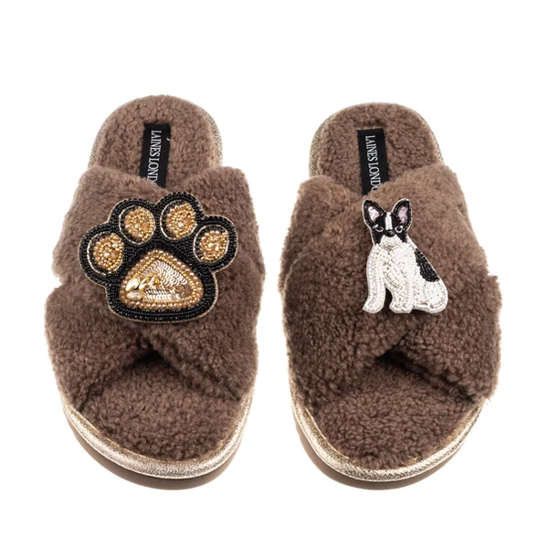 laines london Boucle Slippers With Paw & Black & White Sitting French Bulldog Brooches