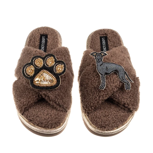 Laines London Boucle Slippers With Paw & Blue Italian Greyhound Brooches