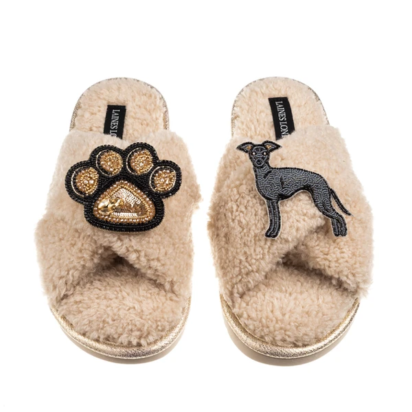 Laines London Boucle Slippers With Paw & Blue Italian Greyhound Brooches