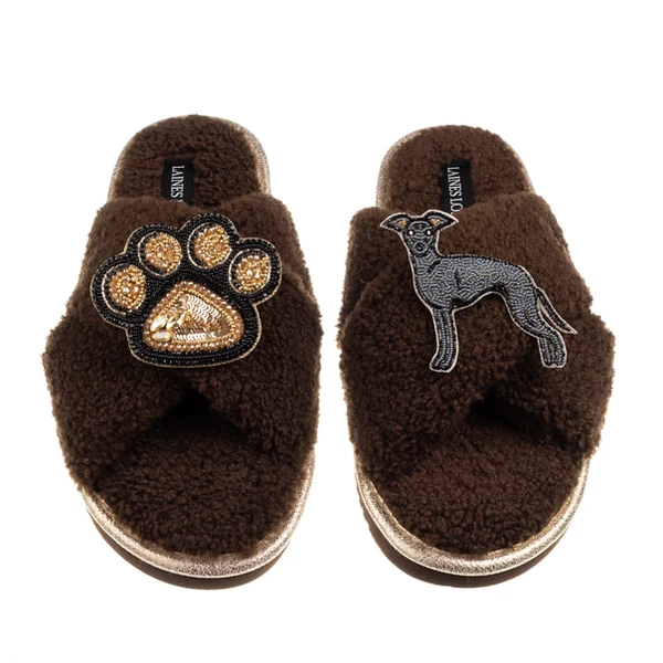 Laines London Boucle Slippers With Paw & Blue Italian Greyhound Brooches
