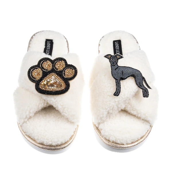 laines london Boucle Slippers With Paw & Blue Italian Greyhound Brooches laines london Boucle Slippers With Paw & Blue Italian Greyhound Brooches