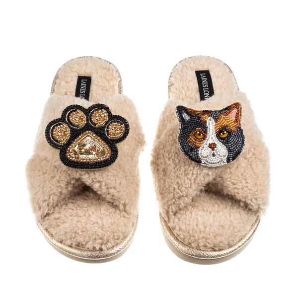 Laines London Boucle Slippers With Paw & Calico British Shorthair Cat Brooches
