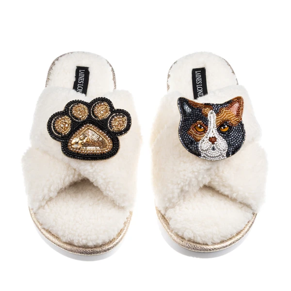Laines London Boucle Slippers With Paw & Calico British Shorthair Cat Brooches