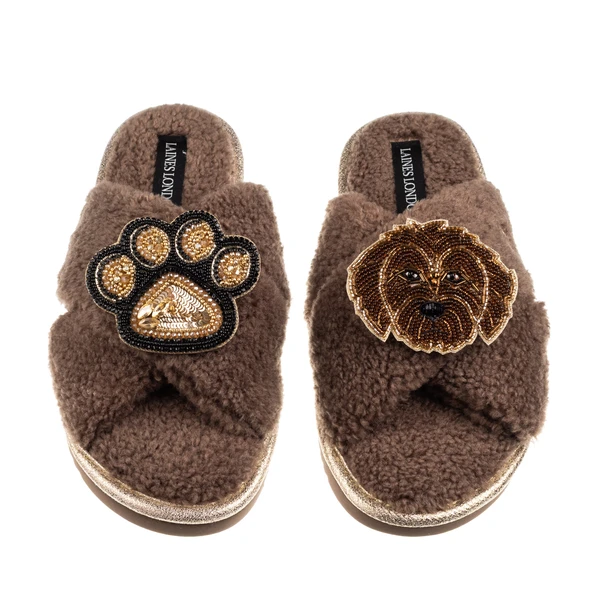 Laines London Boucle Slippers With Paw & Chocolate Cockapoo Brooches