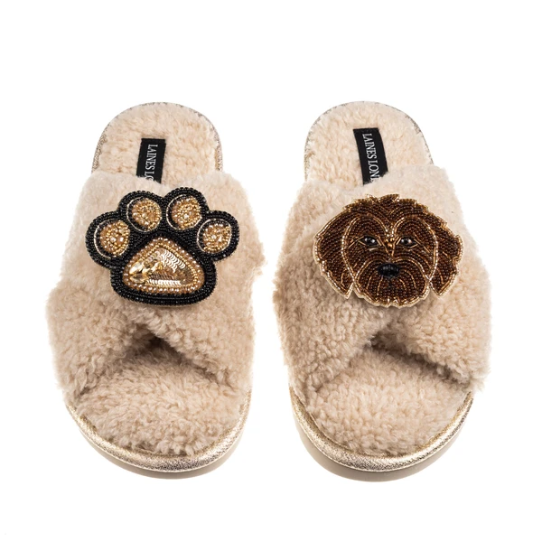 Laines London Boucle Slippers With Paw & Chocolate Cockapoo Brooches