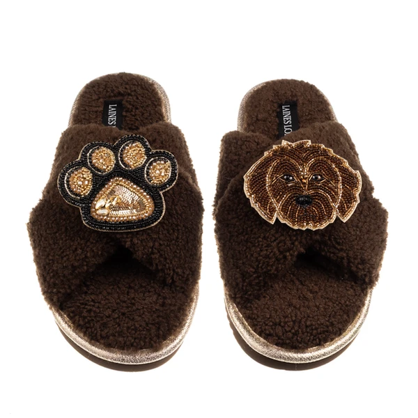 Laines London Boucle Slippers With Paw & Chocolate Cockapoo Brooches