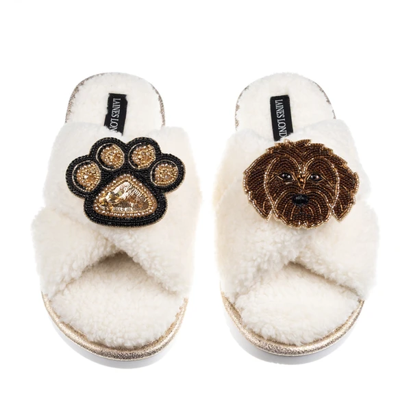 laines london Boucle Slippers With Paw & Chocolate Cockapoo Brooches