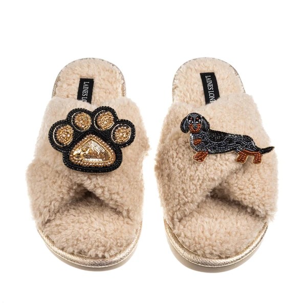 Laines London Boucle Slippers With Paw & Dapple Dachshund Brooches