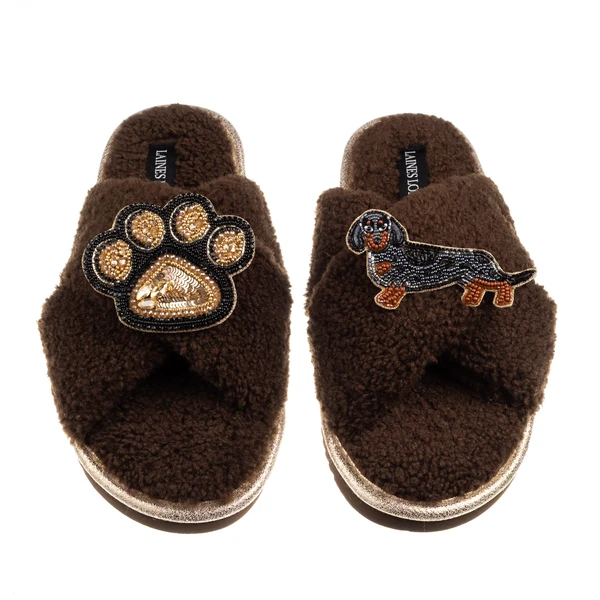 Laines London Boucle Slippers With Paw & Dapple Dachshund Brooches