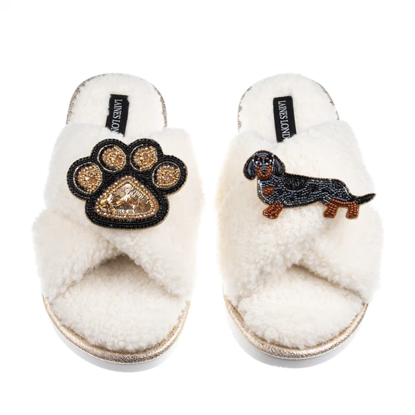 Laines London Boucle Slippers With Paw & Dapple Dachshund Brooches