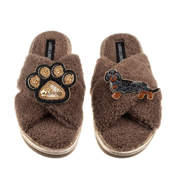 laines london Boucle Slippers With Paw & Dapple Dachshund Brooches
