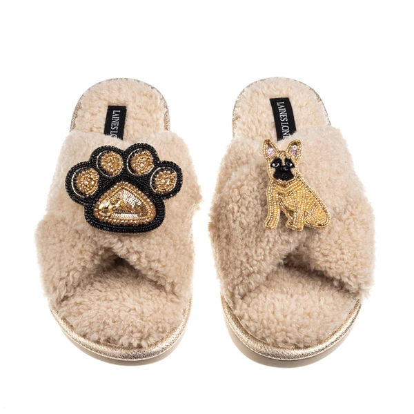 Laines London Boucle Slippers With Paw & Fawn Sitting French Bulldog Brooches