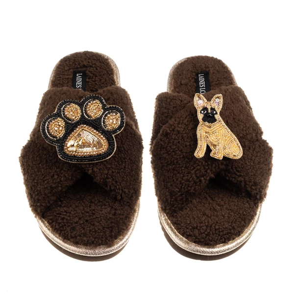 Laines London Boucle Slippers With Paw & Fawn Sitting French Bulldog Brooches