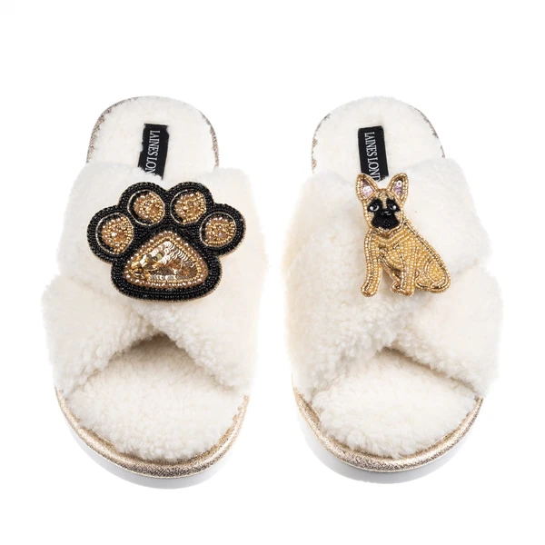 Laines London Boucle Slippers With Paw & Fawn Sitting French Bulldog Brooches