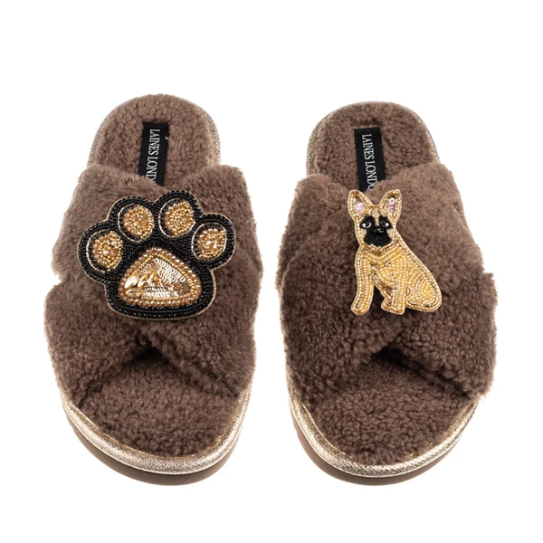 laines london Boucle Slippers With Paw & Fawn Sitting French Bulldog Brooches