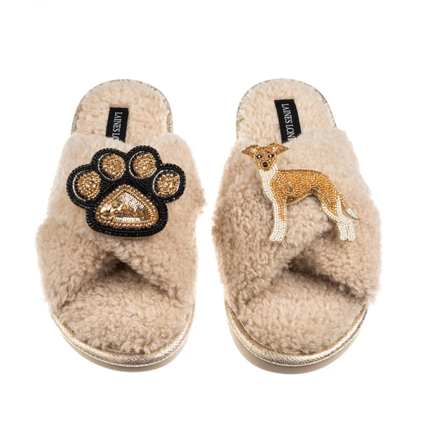 Laines London Boucle Slippers With Paw & Fawn & White Italian Greyhound Brooches
