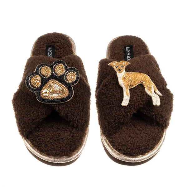 Laines London Boucle Slippers With Paw & Fawn & White Italian Greyhound Brooches