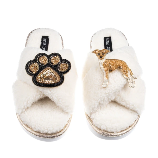 Laines London Boucle Slippers With Paw & Fawn & White Italian Greyhound Brooches