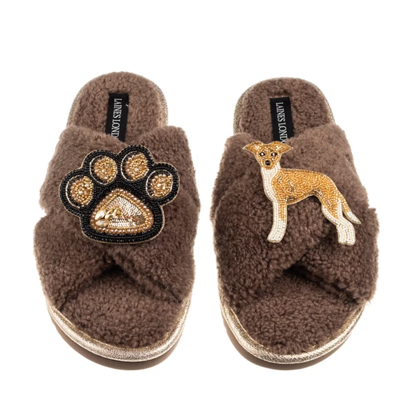 laines london Boucle Slippers With Paw & Fawn & White Italian Greyhound Brooches