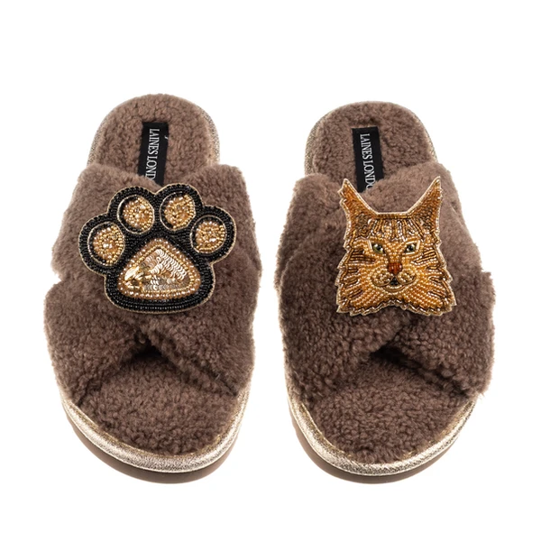Laines London Boucle Slippers With Paw & Ginger Maine Coon Cat Brooches