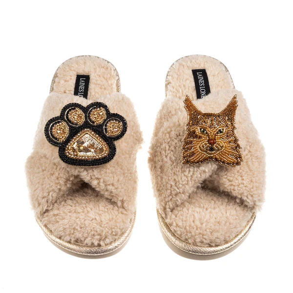 Laines London Boucle Slippers With Paw & Ginger Maine Coon Cat Brooches