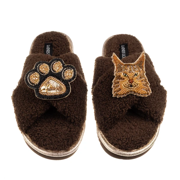 Laines London Boucle Slippers With Paw & Ginger Maine Coon Cat Brooches