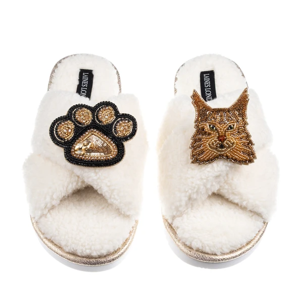 laines london Boucle Slippers With Paw & Ginger Maine Coon Cat Brooches