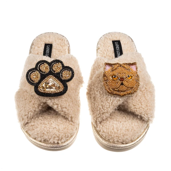 Laines London Boucle Slippers With Paw & Ginger Persian Cat Brooches