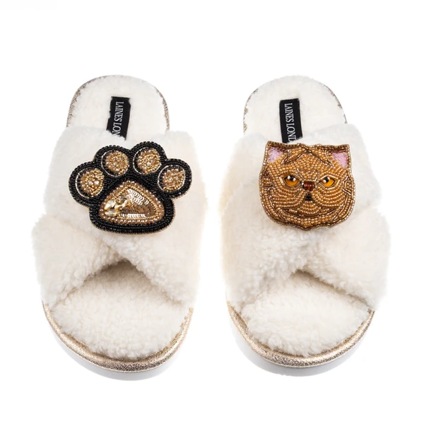 Laines London Boucle Slippers With Paw & Ginger Persian Cat Brooches