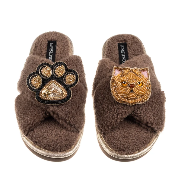 laines london Boucle Slippers With Paw & Ginger Persian Cat Brooches