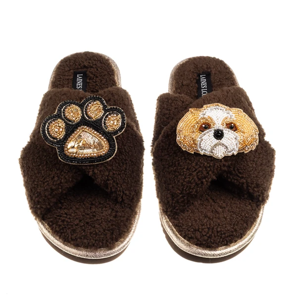 Laines London Boucle Slippers With Paw & Gold & White Shih Tzu Brooches