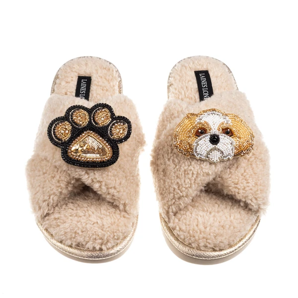 Laines London Boucle Slippers With Paw & Gold & White Shih Tzu Brooches
