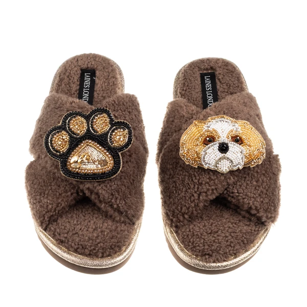 Laines London Boucle Slippers With Paw & Gold & White Shih Tzu Brooches