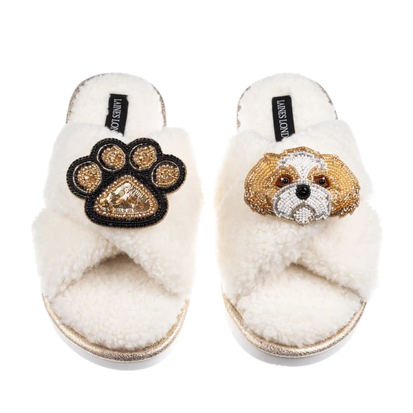 laines london Boucle Slippers With Paw & Gold & White Shih Tzu Brooches