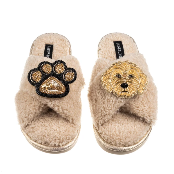 Laines London Boucle Slippers With Paw & Golden Cockapoo Brooches