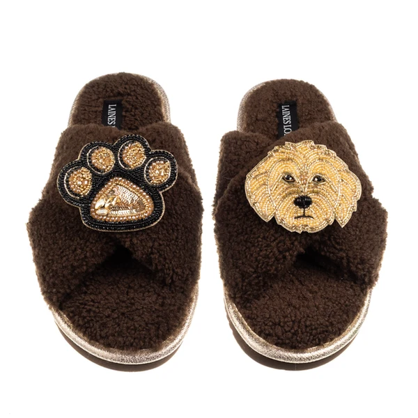 Laines London Boucle Slippers With Paw & Golden Cockapoo Brooches