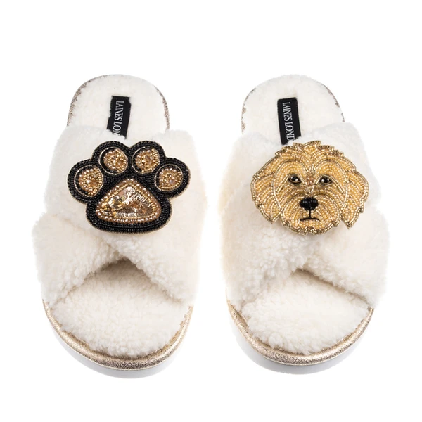 Laines London Boucle Slippers With Paw & Golden Cockapoo Brooches