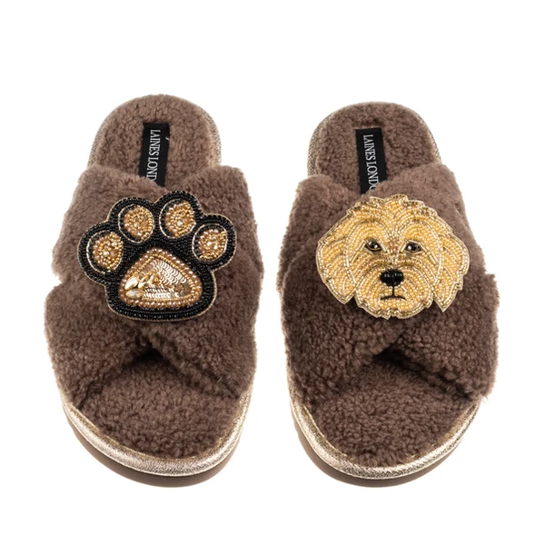 laines london Boucle Slippers With Paw & Golden Cockapoo Brooches