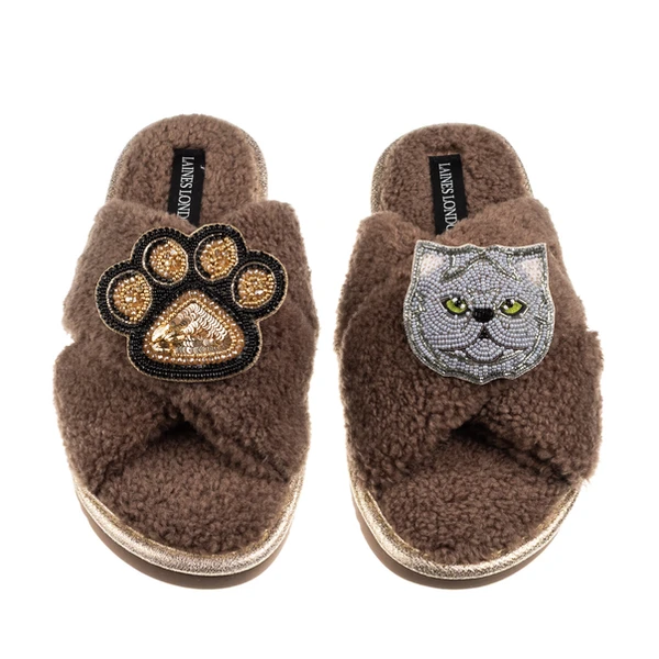 Laines London Boucle Slippers With Paw & Grey Persian Cat Brooches