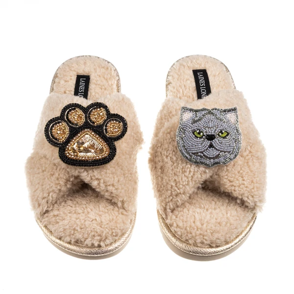 Laines London Boucle Slippers With Paw & Grey Persian Cat Brooches