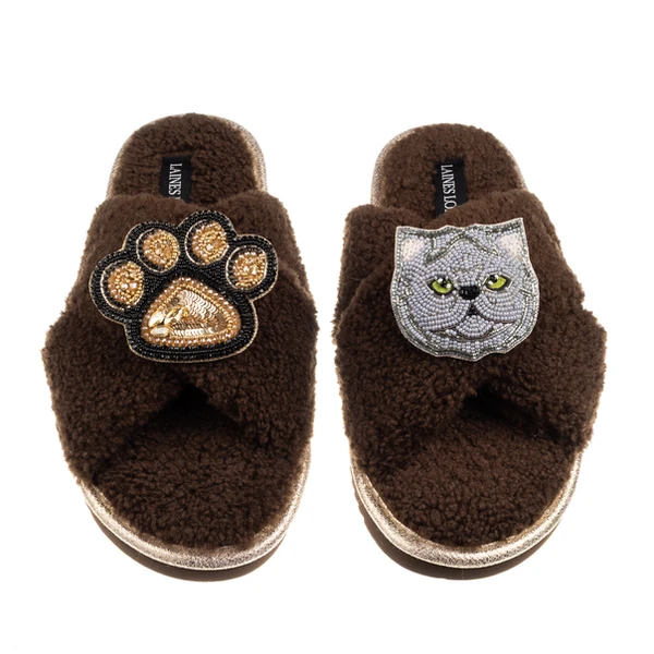 Laines London Boucle Slippers With Paw & Grey Persian Cat Brooches